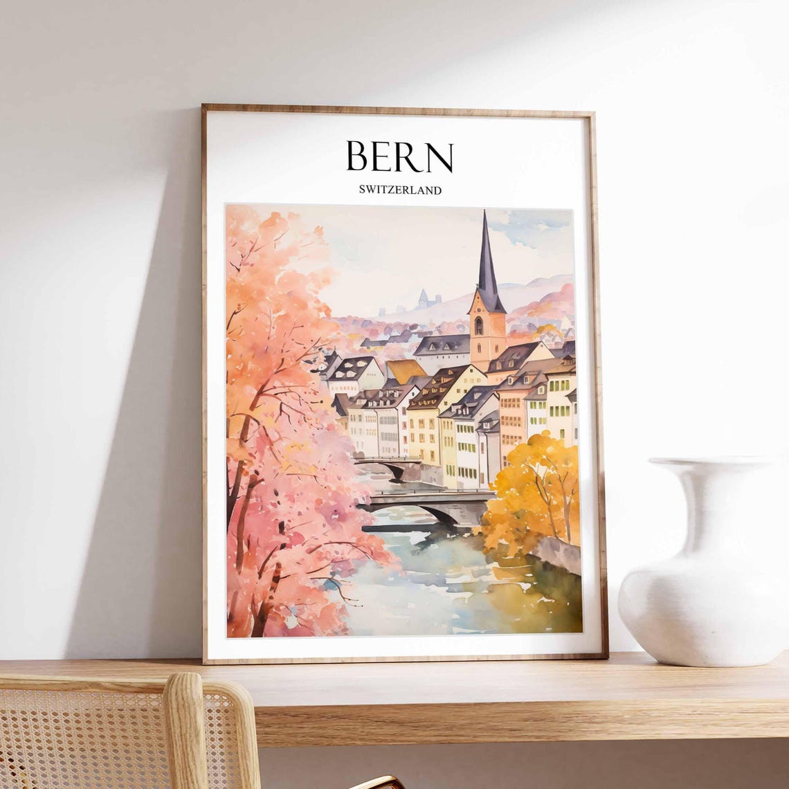 Bern Switzerland Aare River Bridge Old Town Watercolor Poster