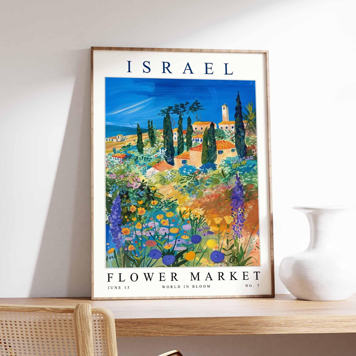 Israel Flower Market Blue Wildflower Field Village Travel Poster