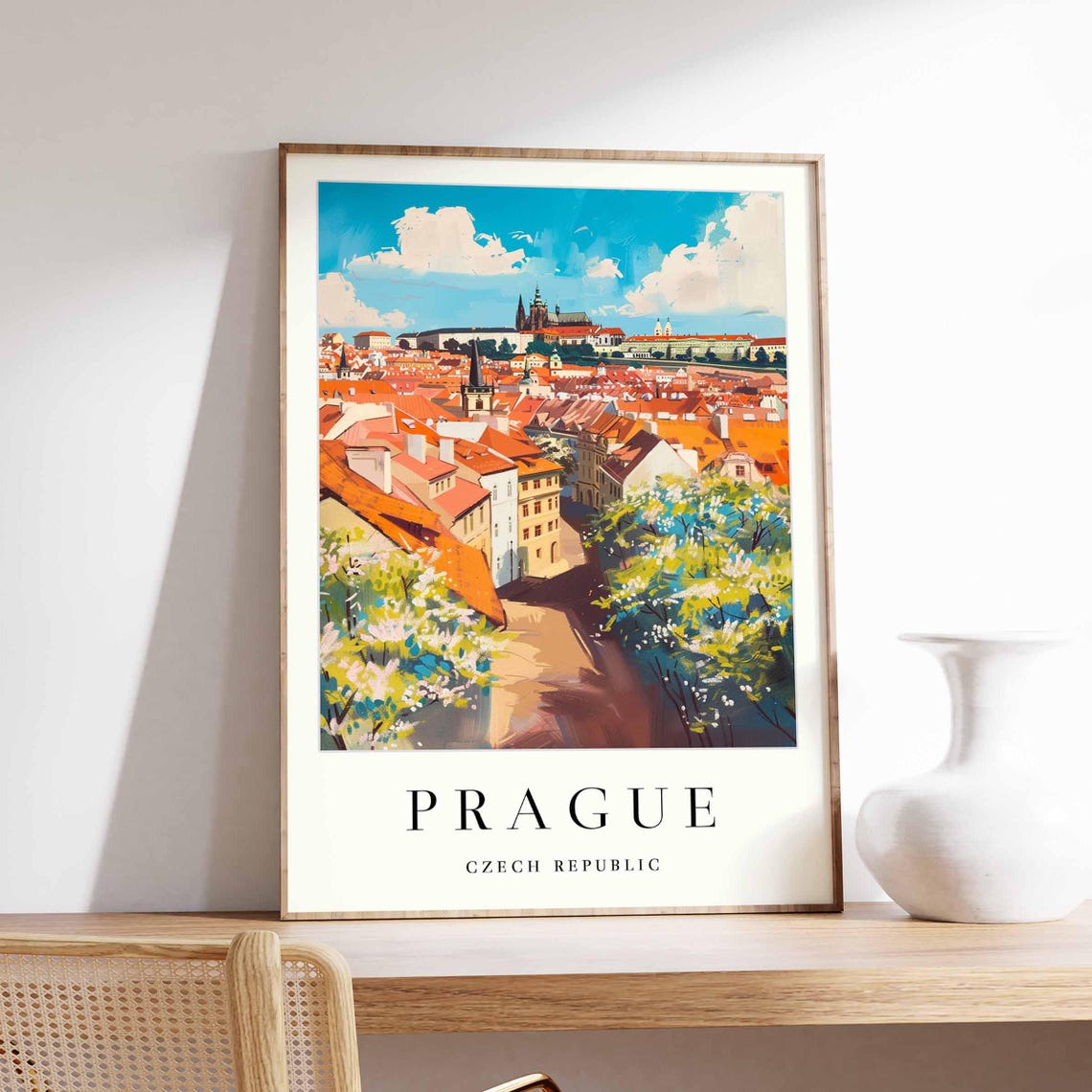 Prague Red Rooftops Castle Hill Flowering Spring Trees Poster