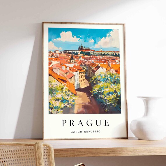 Prague Red Rooftops Castle Hill Flowering Spring Trees Poster