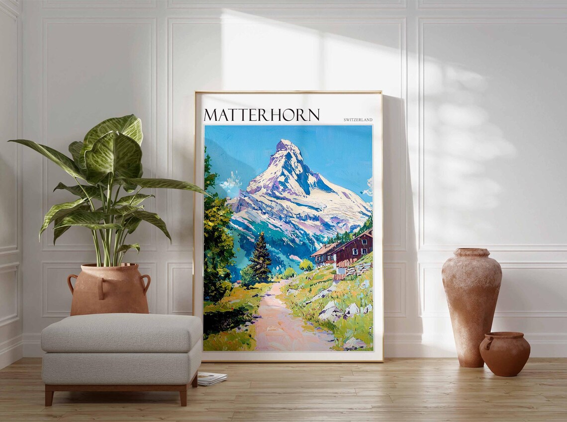 Matterhorn Switzerland Chalet Meadow Trail Mountain Path Art Poster - Image 3