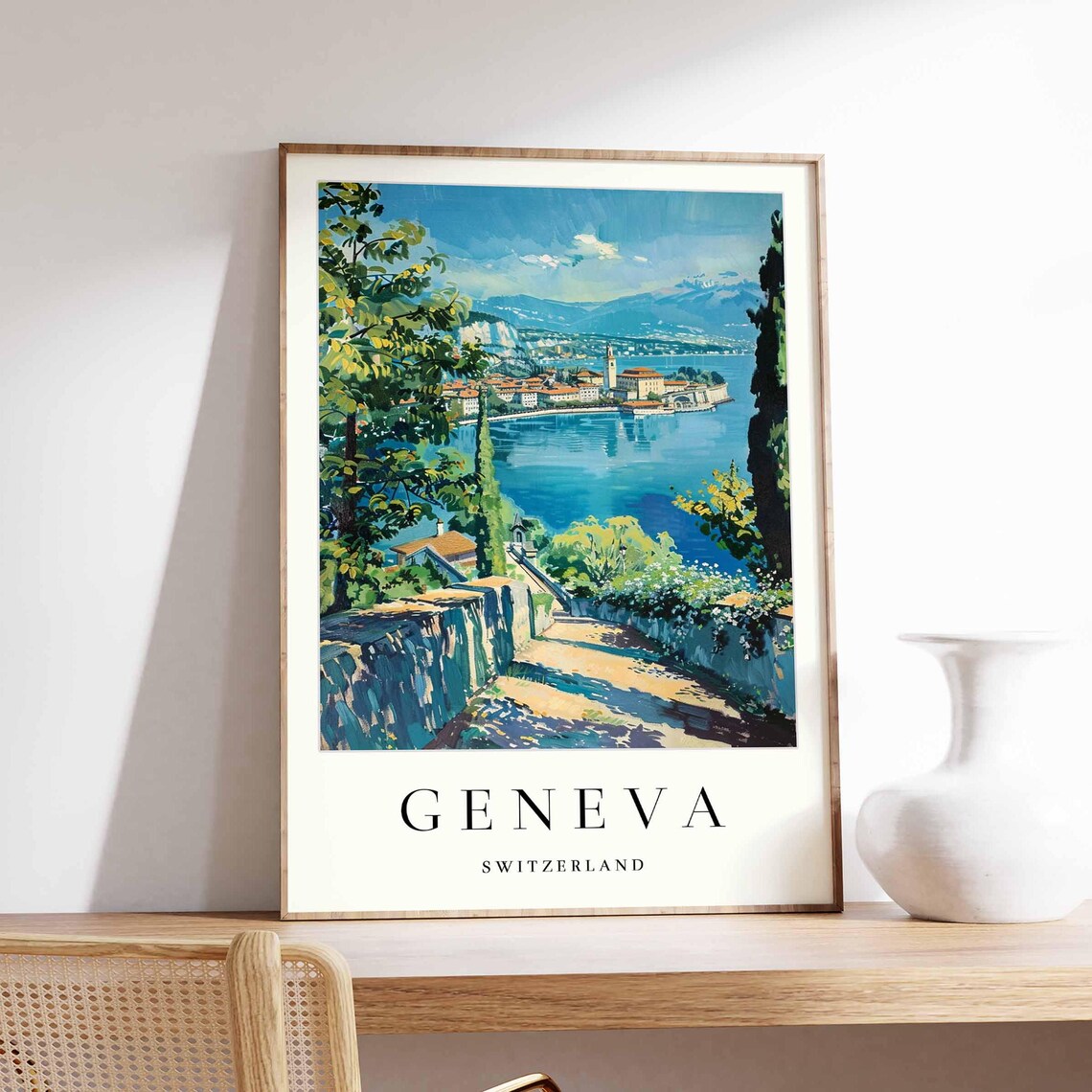 Geneva Switzerland Lakeside Path Town Mountain View Travel Poster