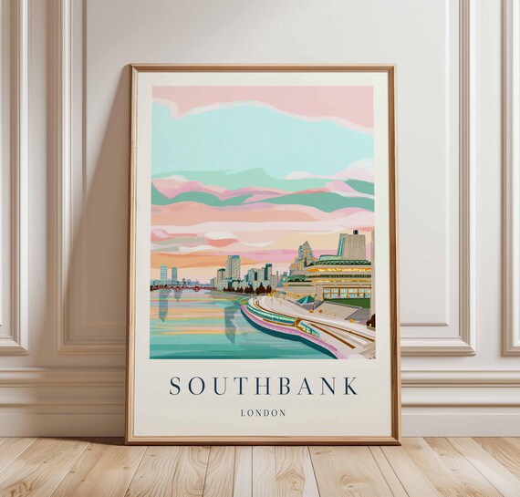 Southbank London Travel Poster Thames River Uk City Art
