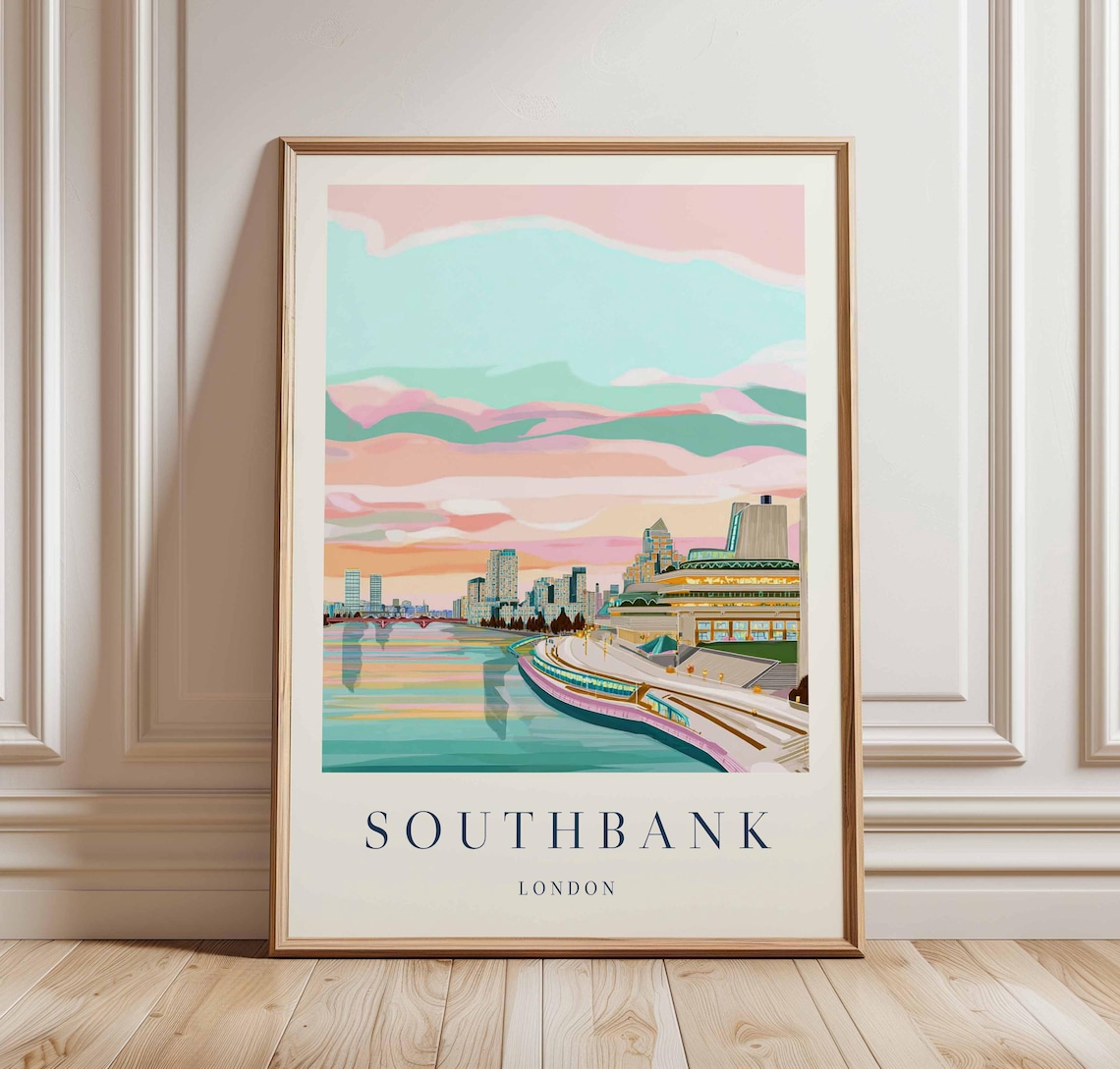 Southbank London Travel Poster Thames River Uk City Art