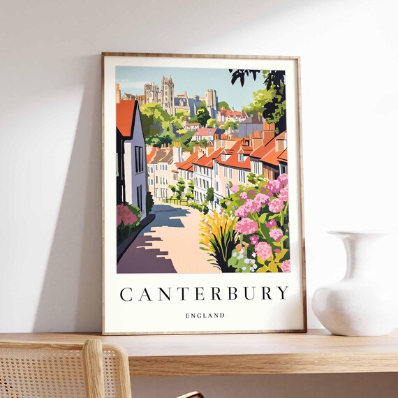 Canterbury England Red Roof Street Cathedral Flowers Travel Poster