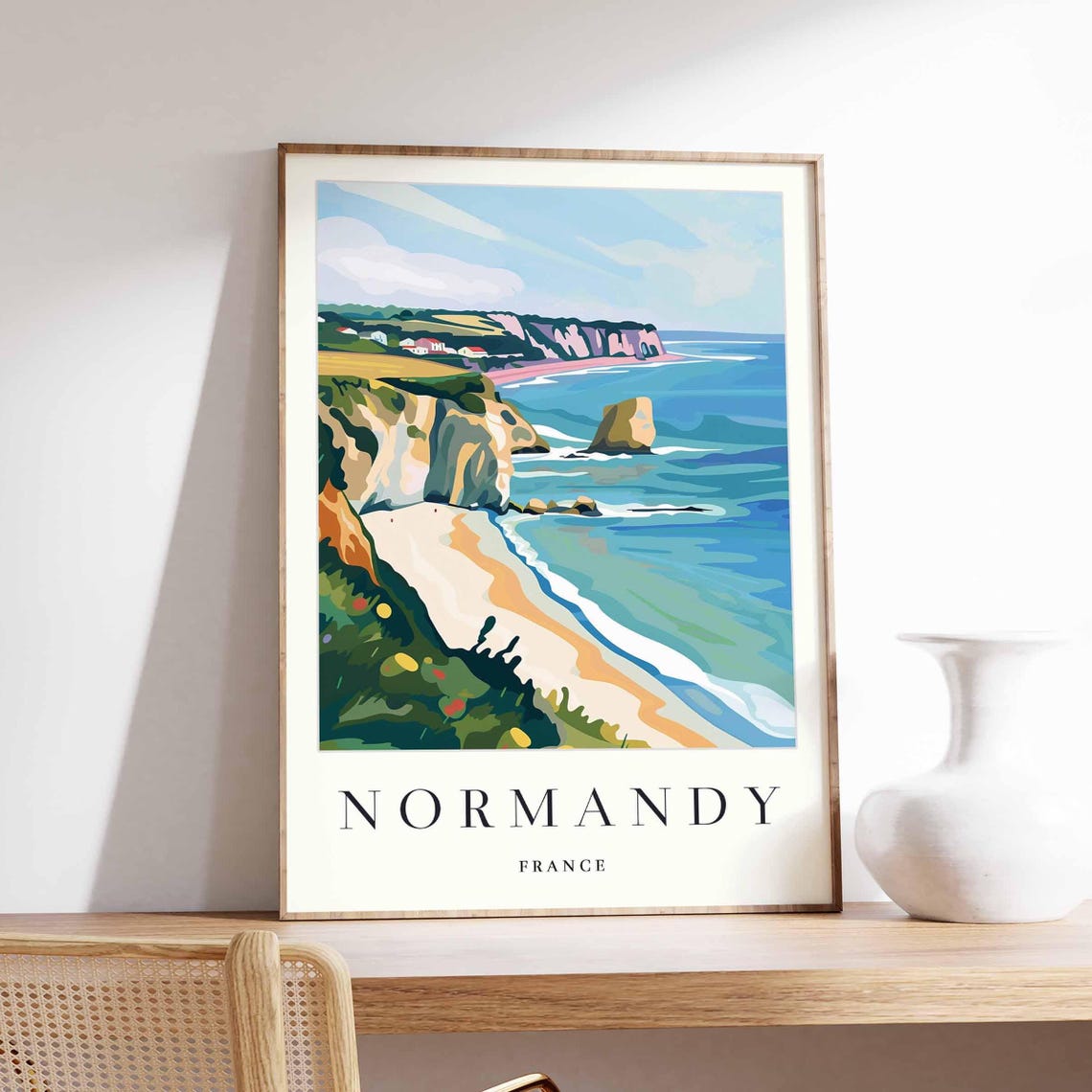 Normandy France Bold Modern Cliff Art Turquoise Sea Stack Beach Poster
