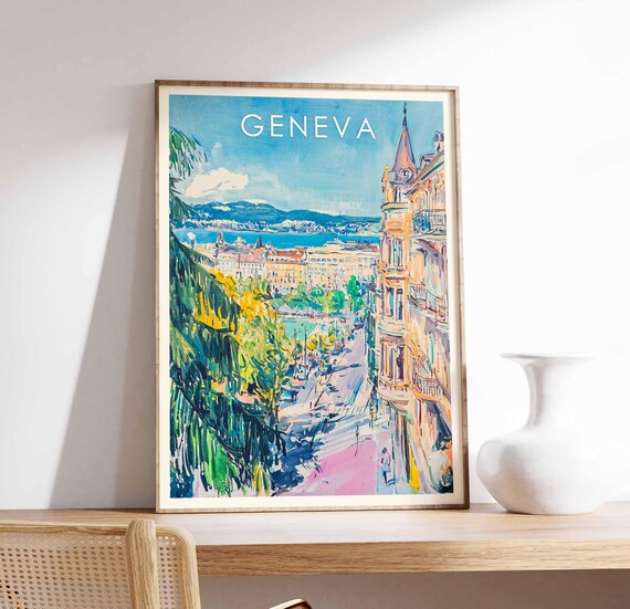 Geneva Switzerland Painterly Street View Lake Waterfront Poster