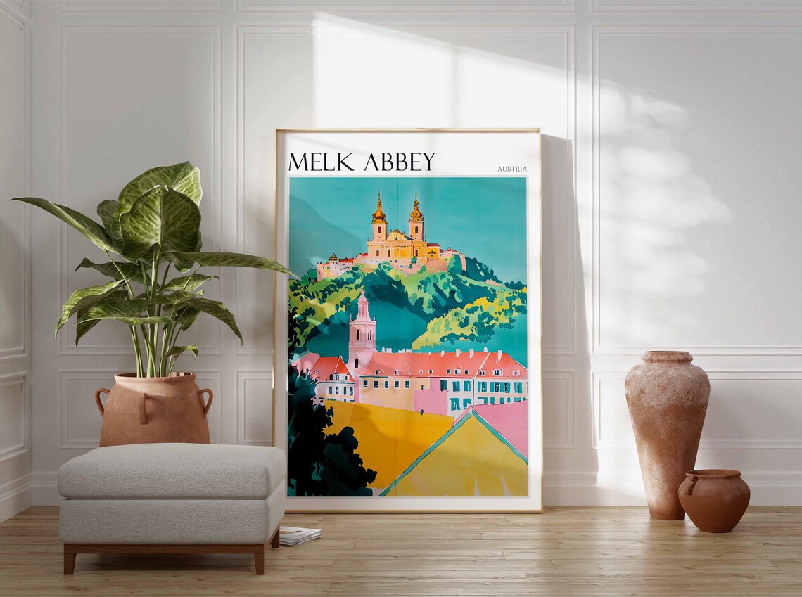 Melk Abbey Austria Twin Towers Above Pastel Town Travel Poster - Image 3