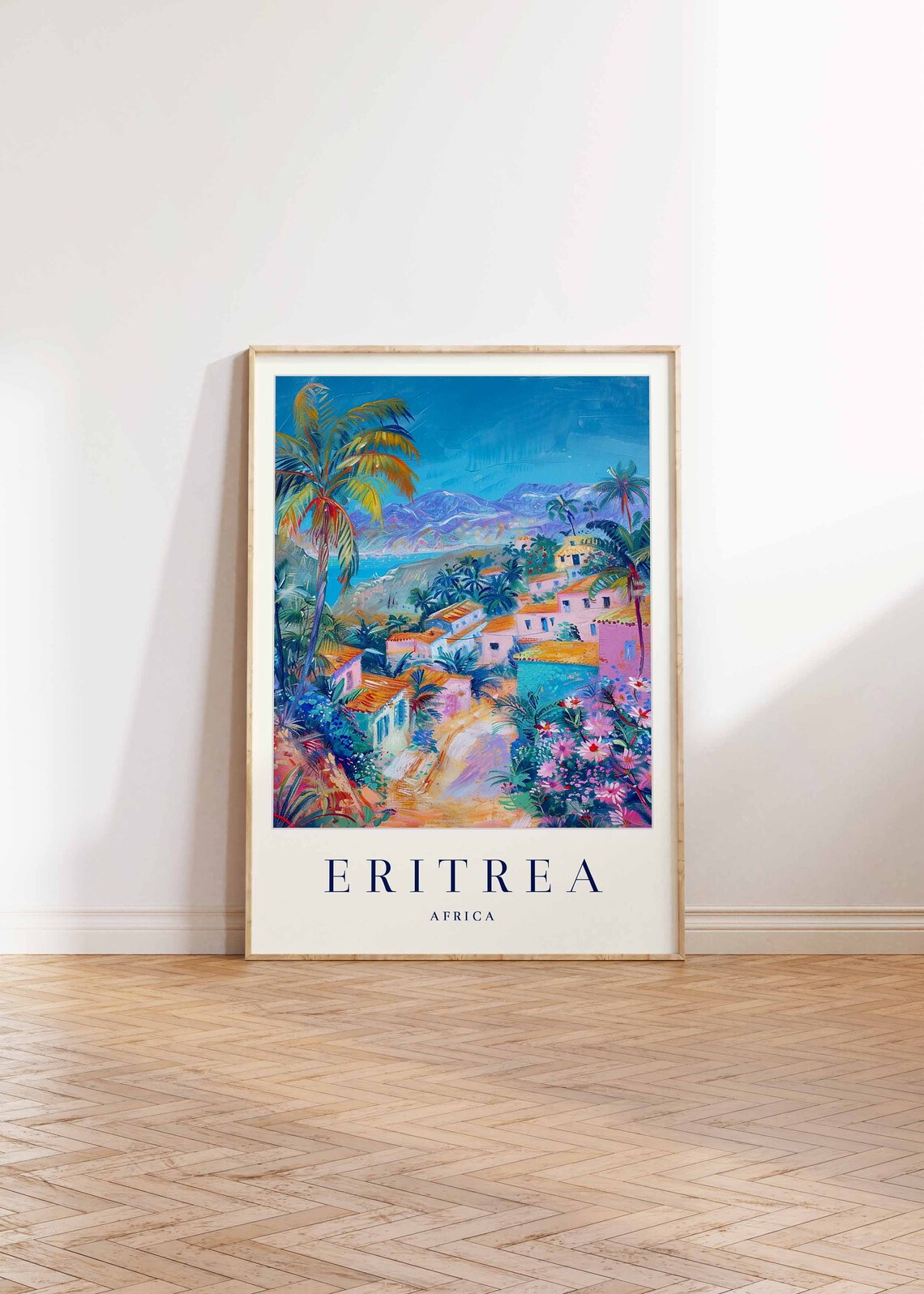 Eritrea Africa Colorful Coastal Town Palms Painted Travel Poster - Image 2