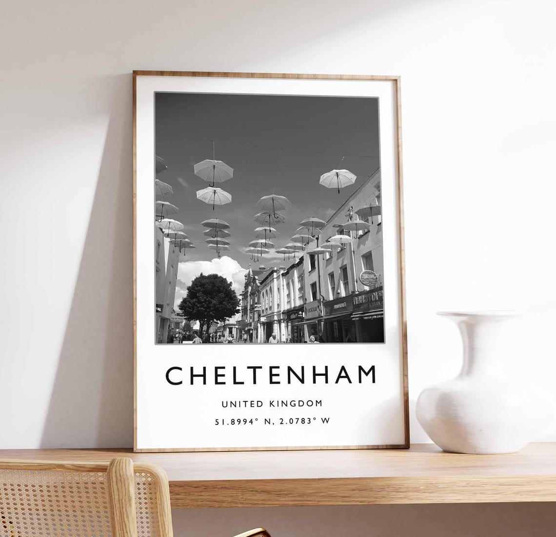 Cheltenham Umbrella Street Black White England Town Art Poster