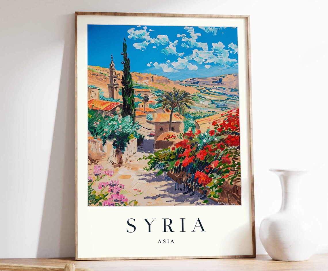 Syria Village Street Minaret Palm Trees Red Flowers Asia Poster