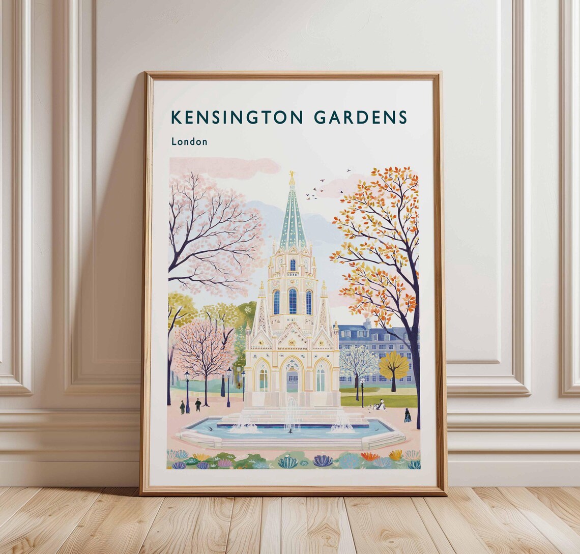 Kensington Gardens London Chapel Fountain Autumn Blossom Garden Poster