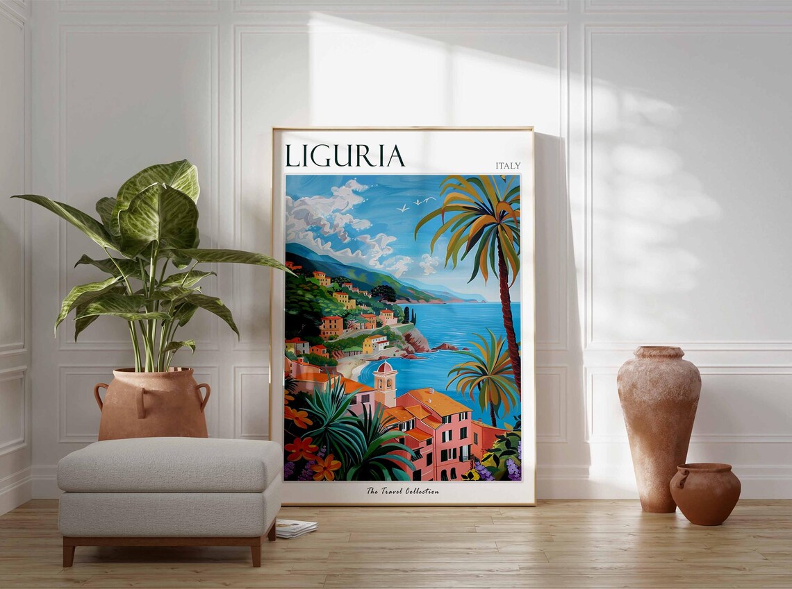 Liguria Italy Colorful Coastal Town Palm Trees Travel Art Poster - Image 2