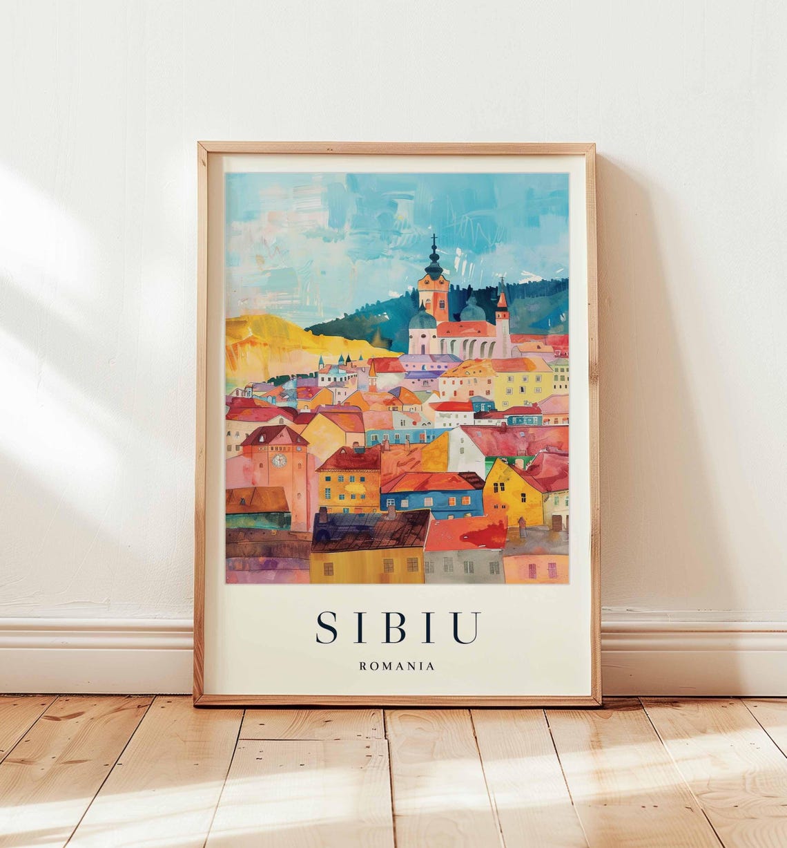 Sibiu Romania Watercolor Clock Tower Rooftops Panorama Poster