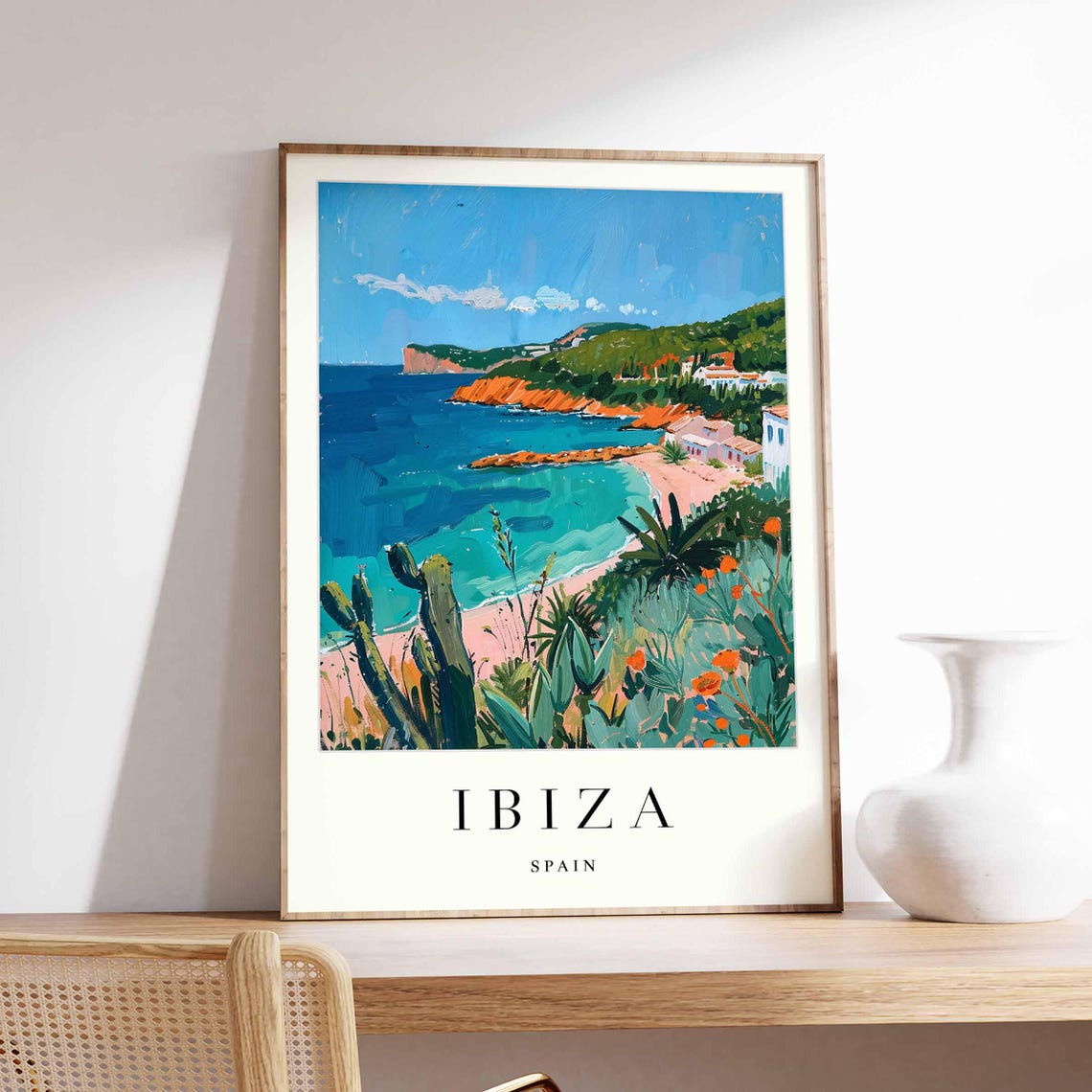 Ibiza Spain Turquoise Cove Beach Cacti Red Cliffs Travel Art Poster