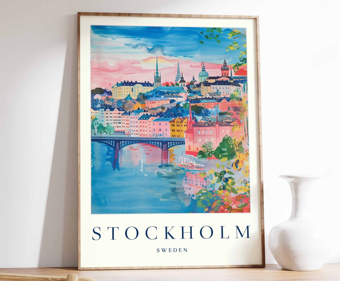 Stockholm Sweden Sunset Harbor City Skyline Watercolor Poster