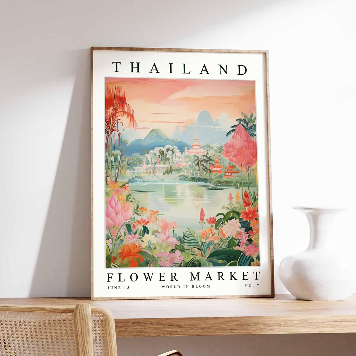 Thailand Flower Market Pastel Lake Temple Dreamy Sunset Blooms Poster