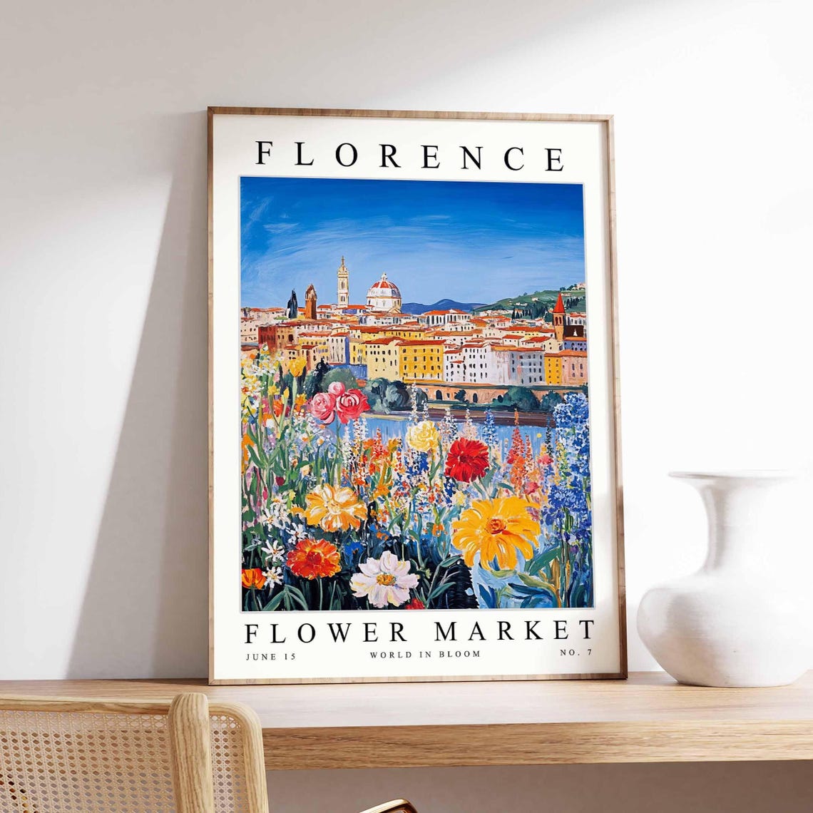 Florence Flower Market Vibrant Blossoms Duomo View Travel Poster