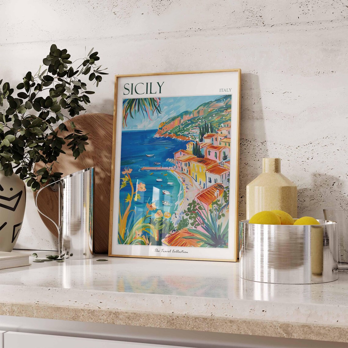 Sicily Italy Coastal Village Cliffs Boats Summer Travel Poster - Image 3