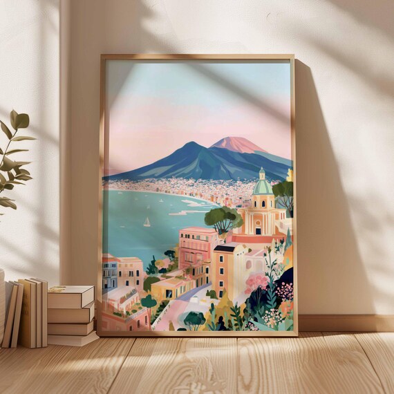 Naples Italy Bay View Mount Vesuvius Pastel Coastline Travel Poster