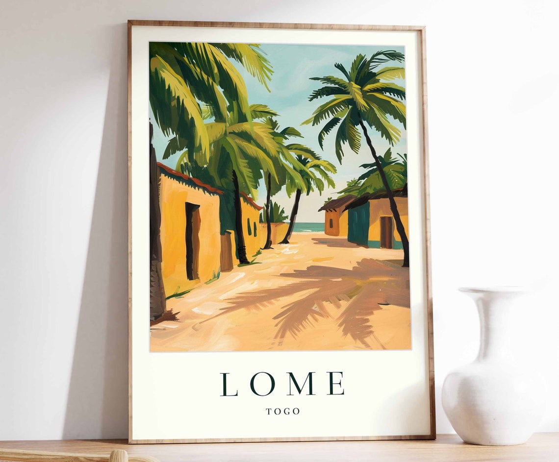 Lome Togo Palm Lined Sandy Path Village Huts Tropical Travel Poster