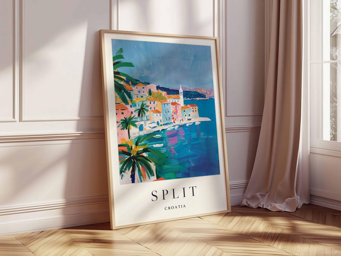 Split Croatia Palm Tree Waterfront Bay with Old Town and Harbor Poster - Image 2