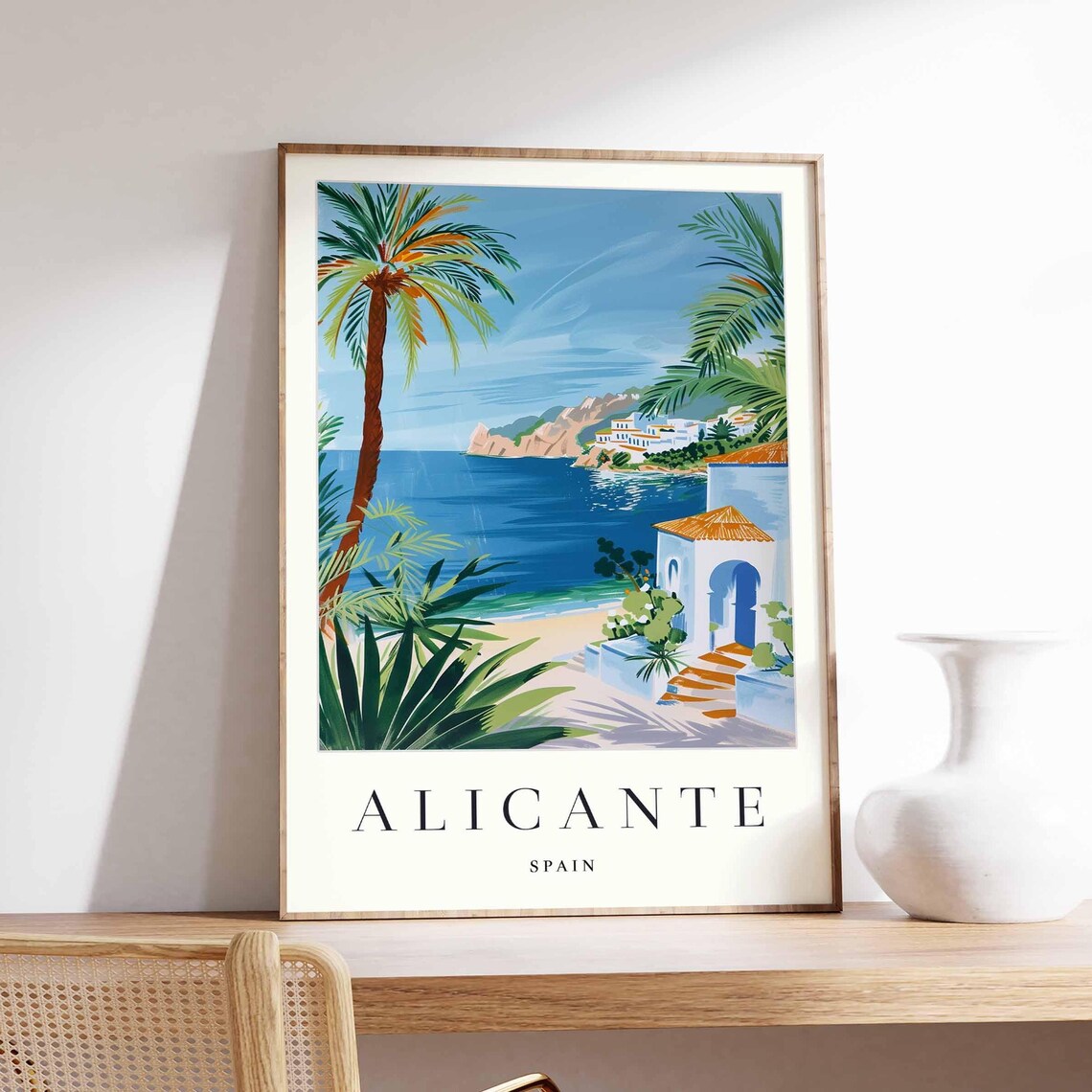 Alicante Spain Palm Beach White Villa Coastal Vintage Travel Poster