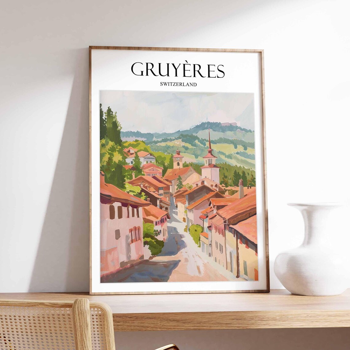 Gruyeres Switzerland Poster, Swiss Village Travel Poster