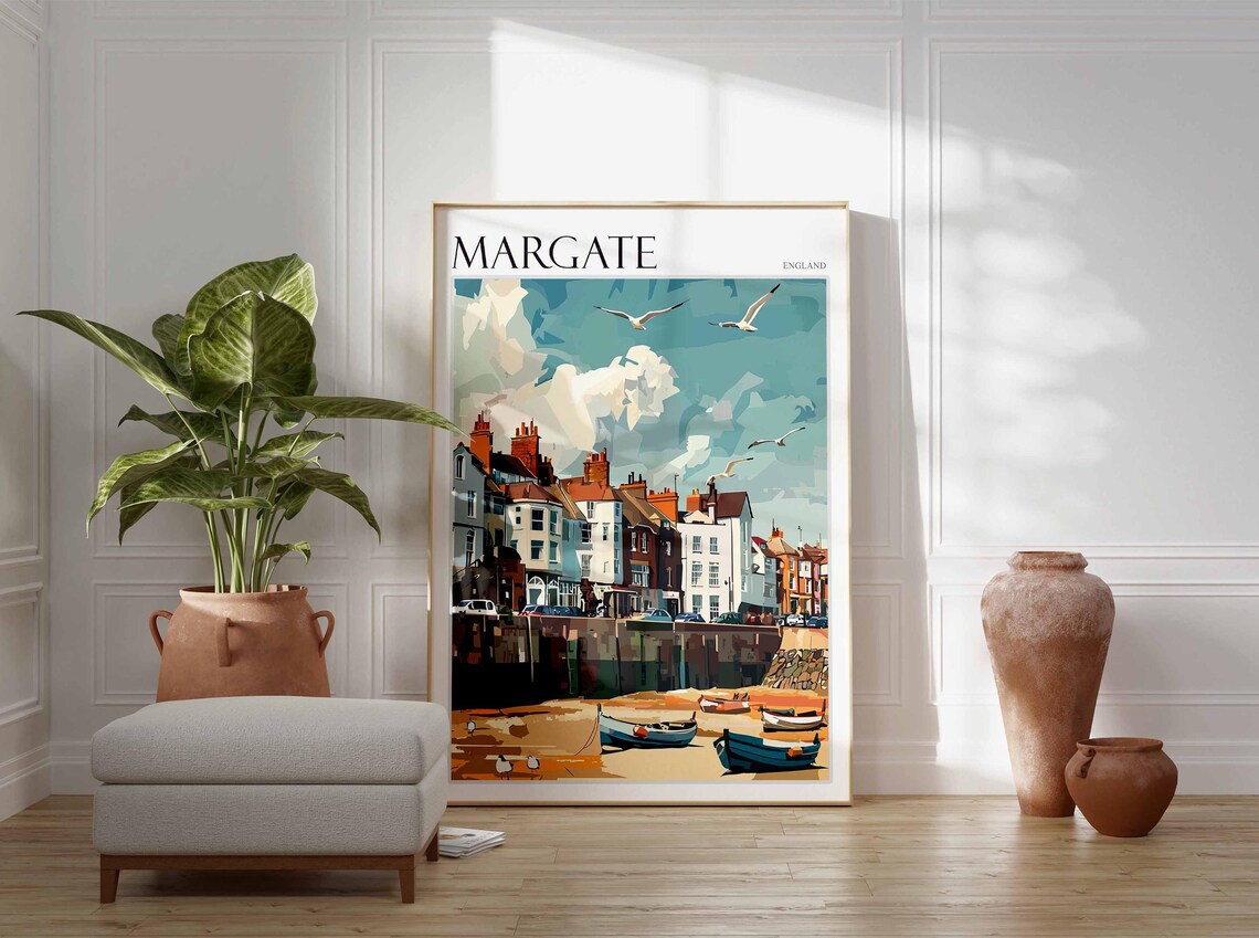 Margate England Low Tide Fishing Boats Harbor Seagulls Poster - Image 3