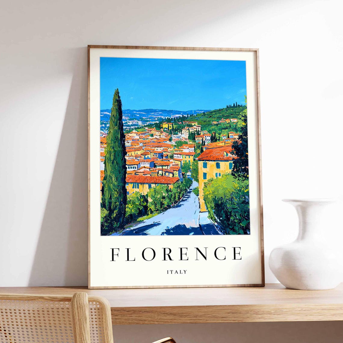 Florence Hillside Cypress Road Winding To Old Town Italy Travel Poster