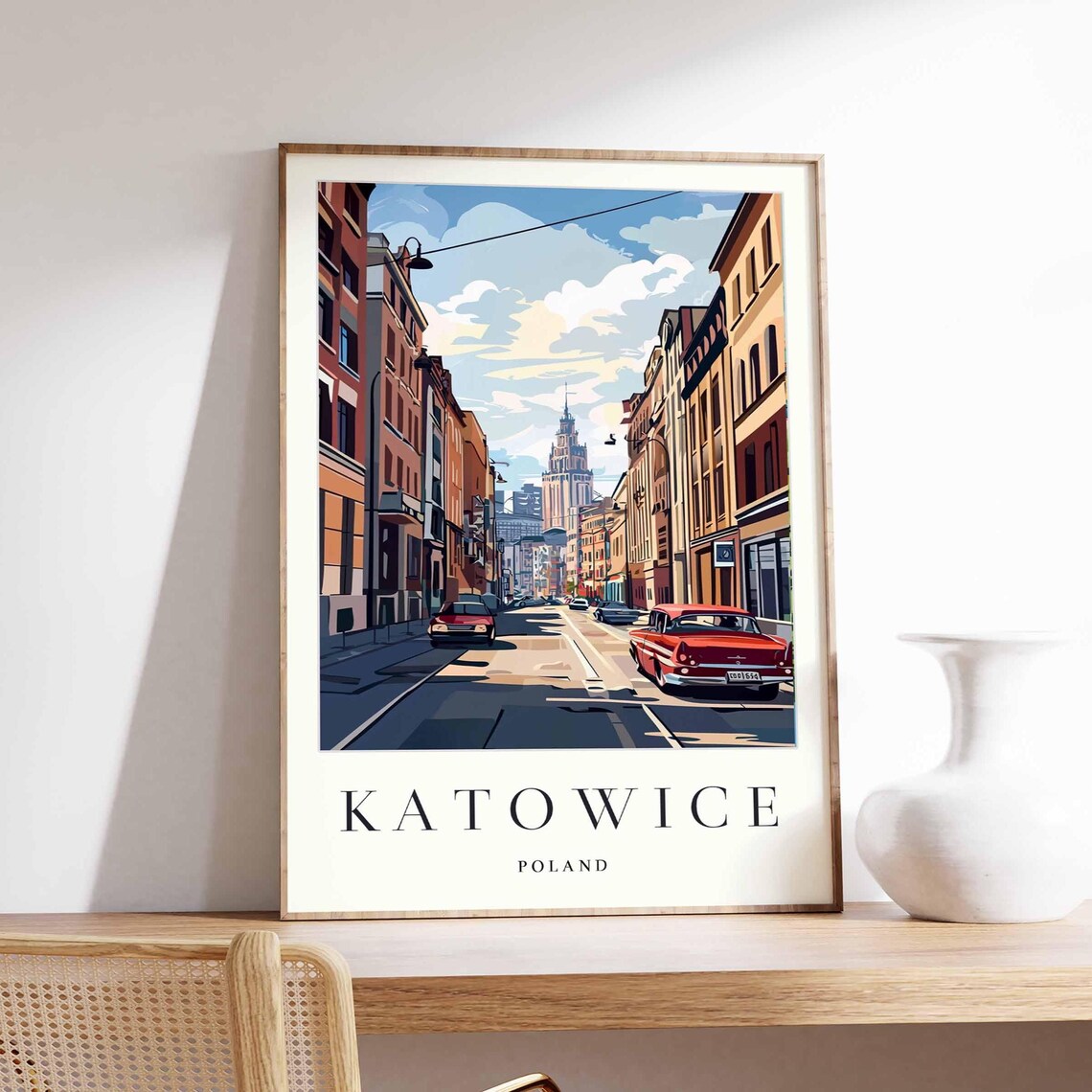 Katowice Poland Classic Cars Street Tall Tower Cityscape Poster