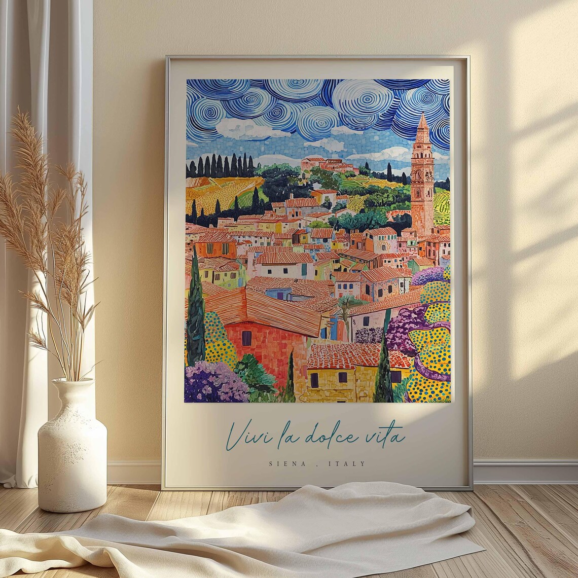 Siena Italy Swirling Sky Medieval Tower Folk Art Travel Poster - Image 2