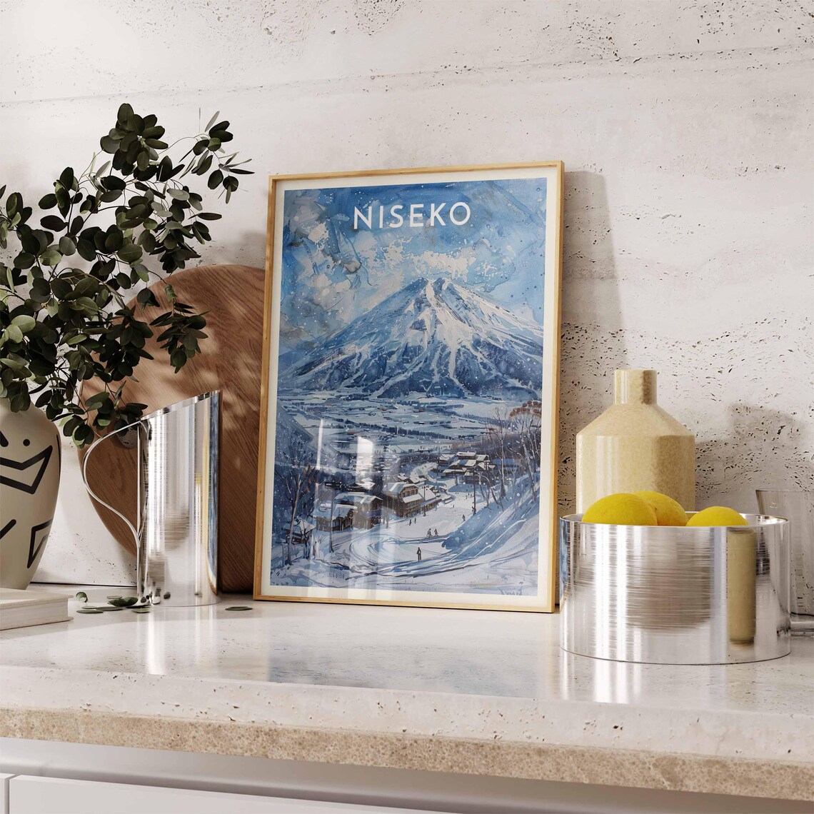 Niseko Japan Blue Watercolor Peak Wide Valley Village Ski Travel Poster - Image 2