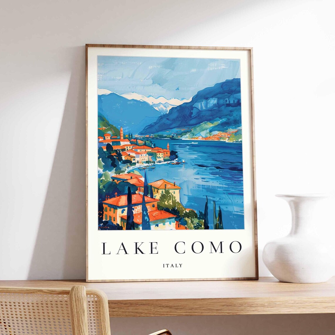 Lake Como Italy Village Rooftops Mountain Painted Travel Poster