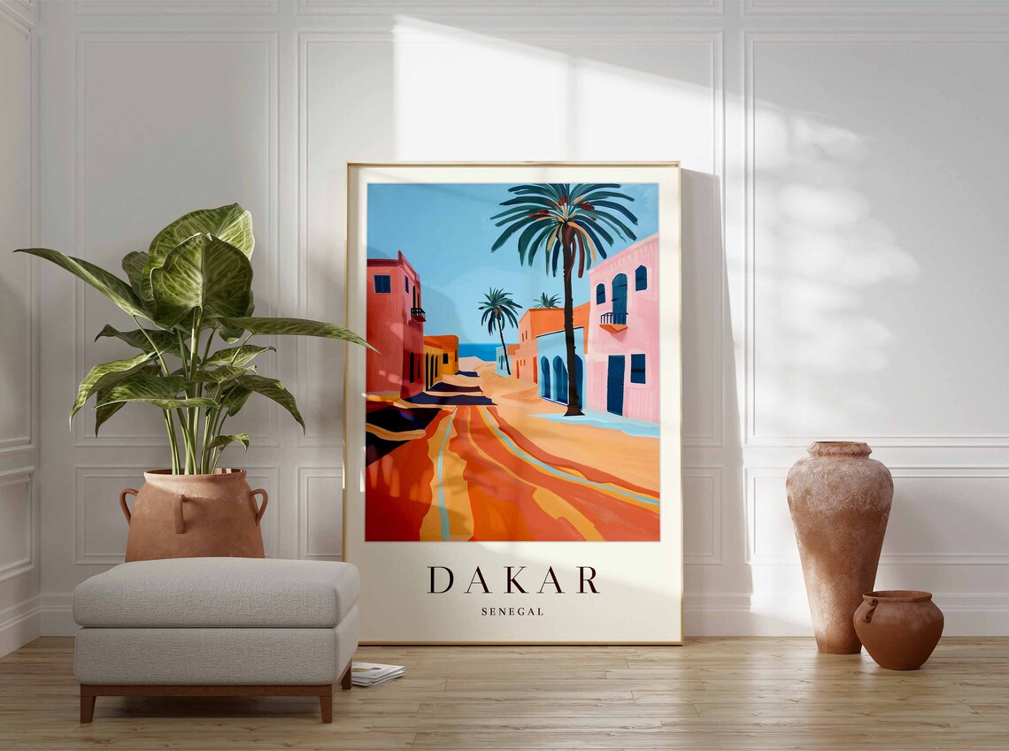 Dakar Senegal Pastel Street Palm Trees Blue Sea View Travel Poster - Image 3