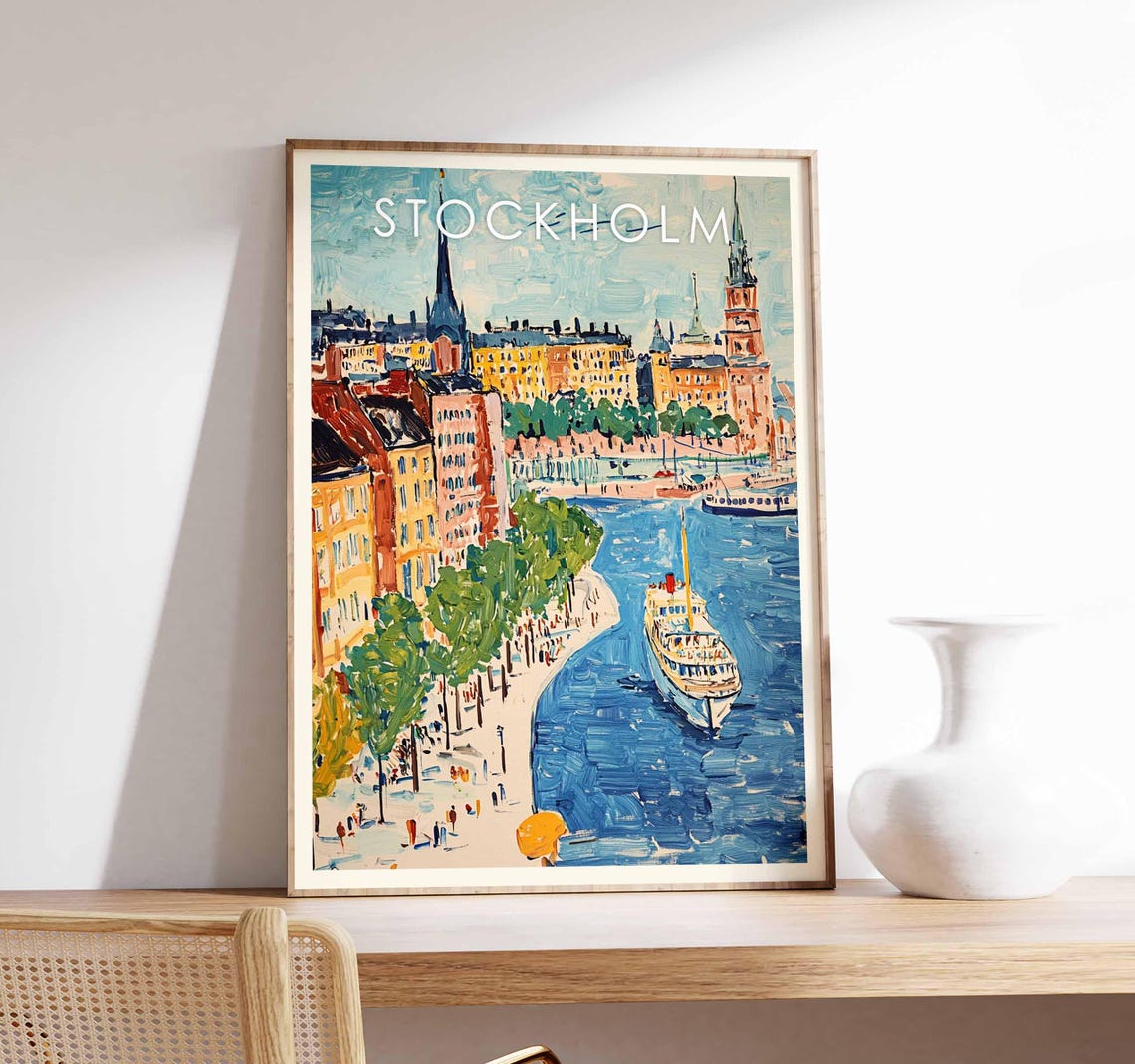 Stockholm Promenade Sweden Tree Lined Quay Classic Steamboat Poster