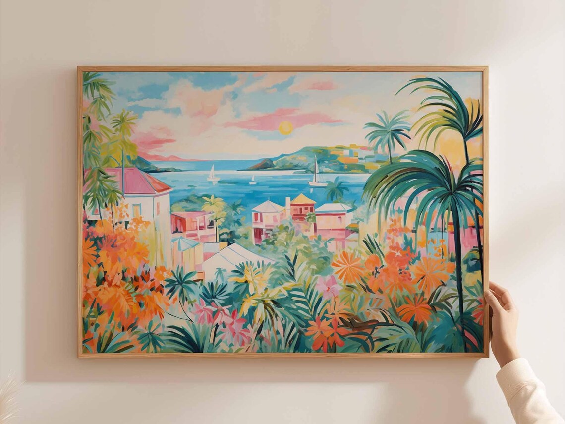 Vibrant Sunset Harbor Town With Palm Trees And Tropical Blooms Poster