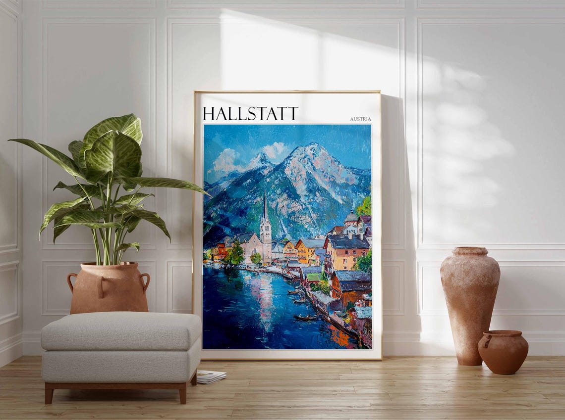 Hallstatt Austria Impasto Lake Reflection Oil Painting Poster - Image 3