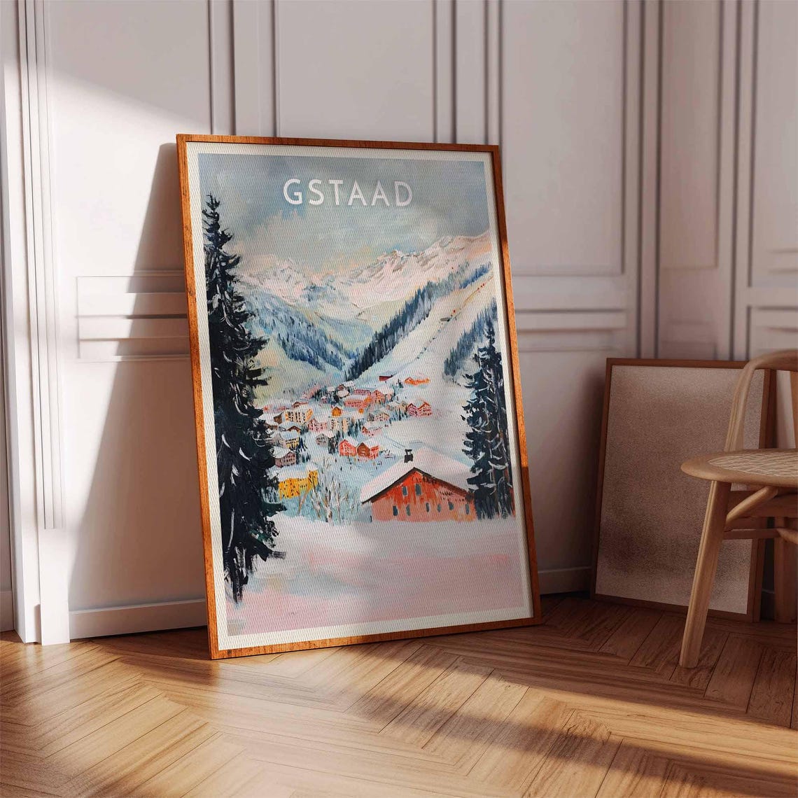 Gstaad Swiss Alpine Village Red Chalet Winter Snow Scene Poster - Image 2