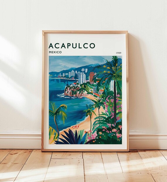 Tropical Acapulco Mexico 1989 Bay City High Rise Beach Travel Poster