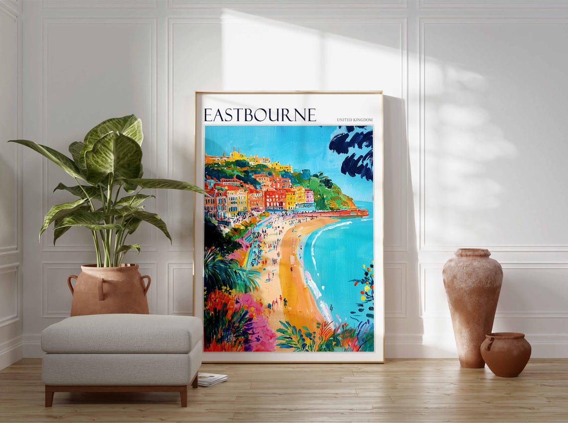 Eastbourne England Colorful Beach and Hillside Town Art Poster - Image 3