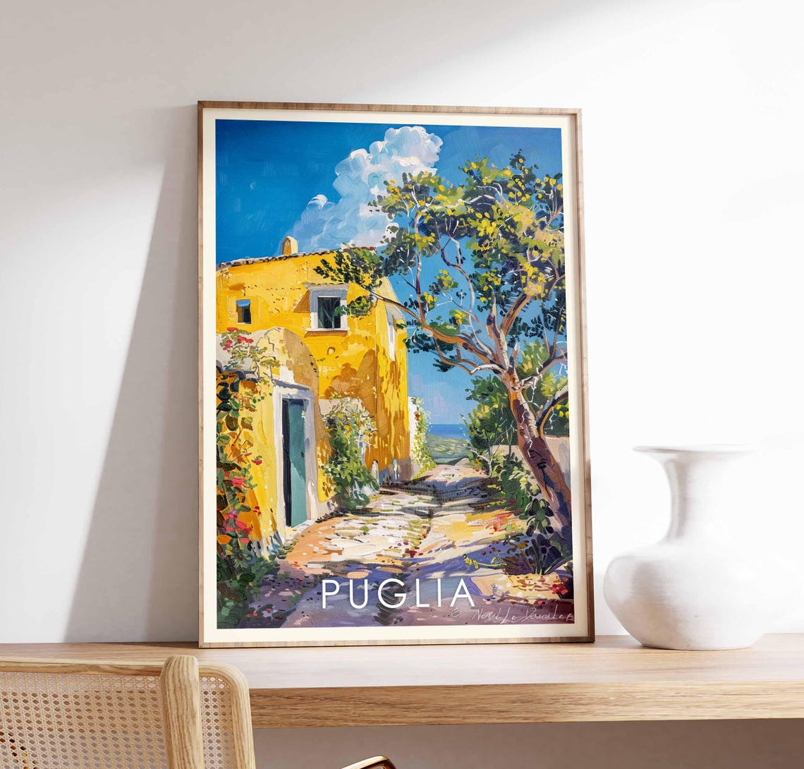Puglia Italy Sunlit Yellow Villa Olive Tree Country Lane Poster