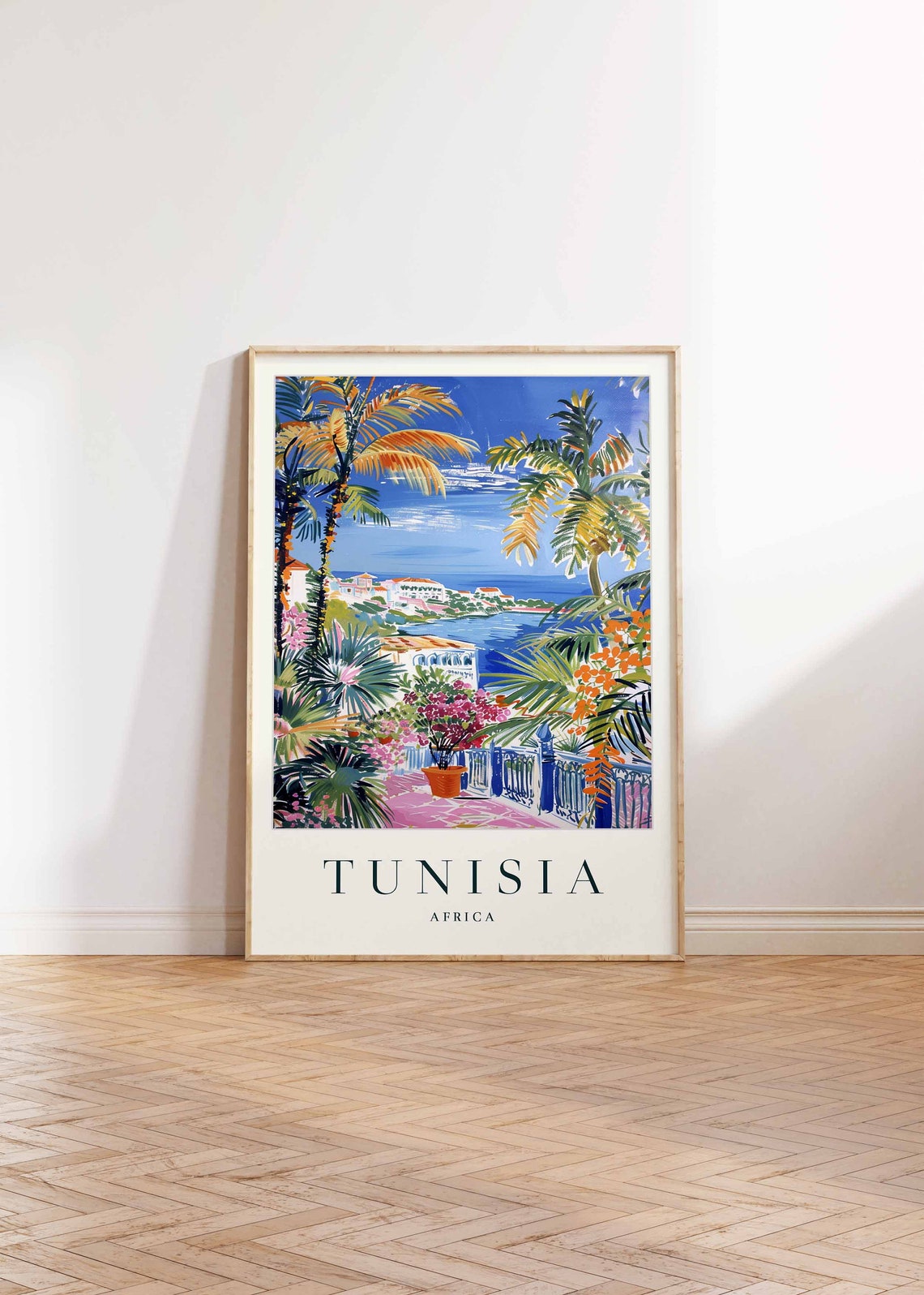 Tunisia Palm Terrace Overlooking Sea Town Africa Travel Poster - Image 2