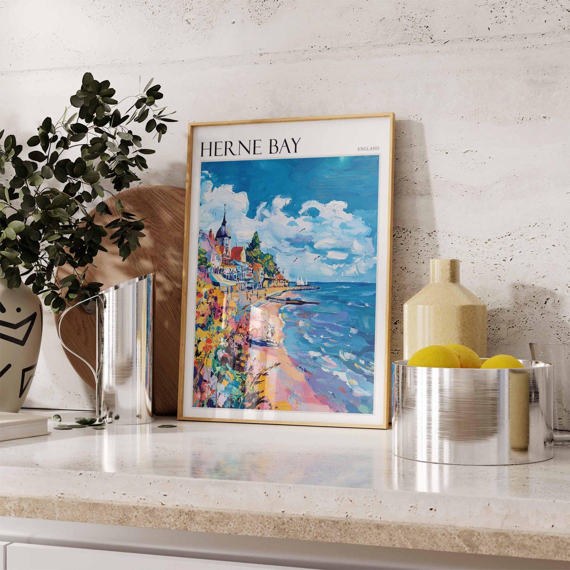 Herne Bay England Beach Town Spire Bright Flowers Sailboat Poster - Image 2