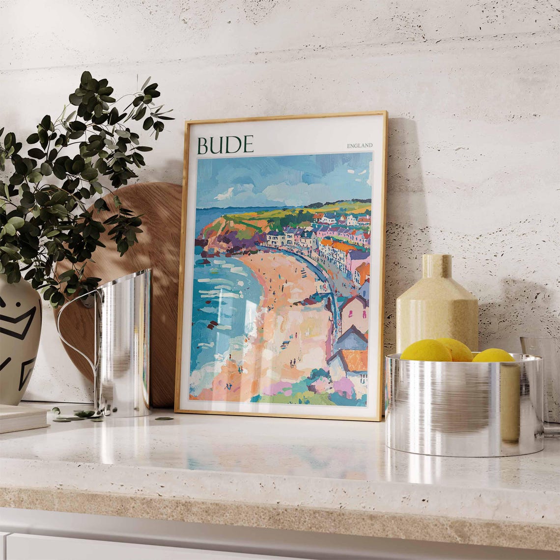 Bude Cornwall Sandy Beach Colorful Town Painted Aerial Travel Poster - Image 2