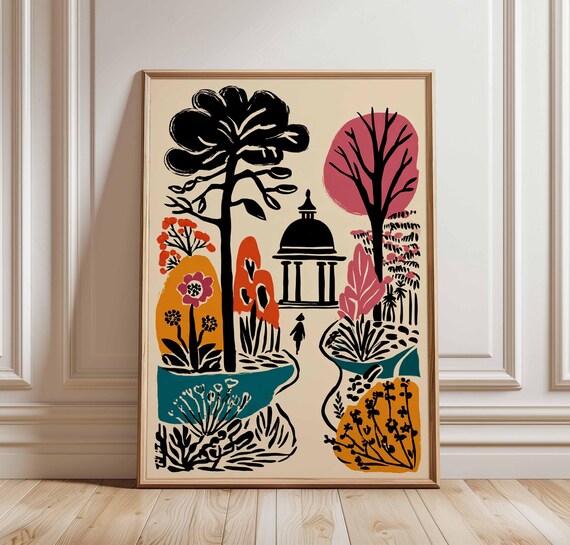 Autumn Garden Pavilion Trees And Flowers Flat Illustration Poster