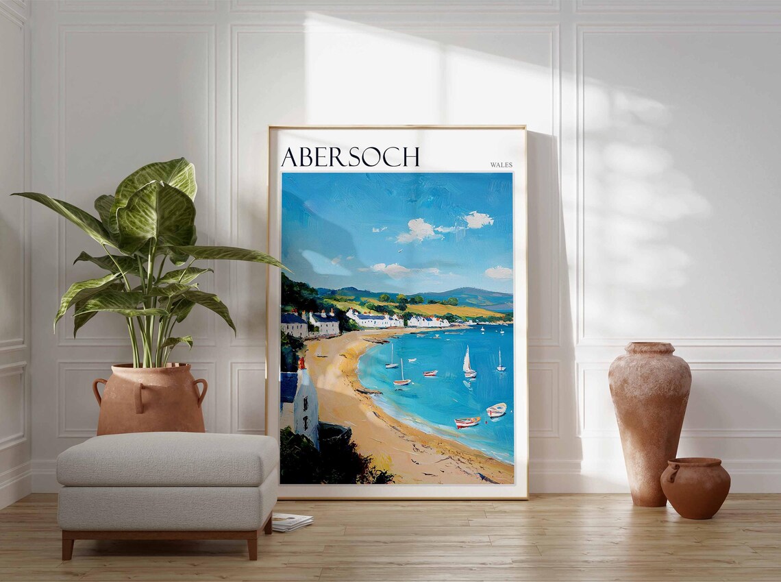 Abersoch Wales Golden Beach Cottages Boats Art Travel Collection Poster - Image 3