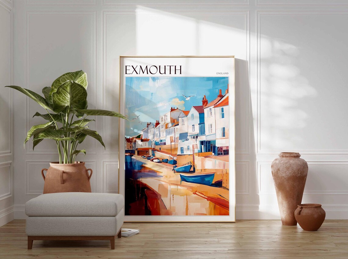 Exmouth England Waterfront Houses Fishing Boats Seagulls Poster - Image 3