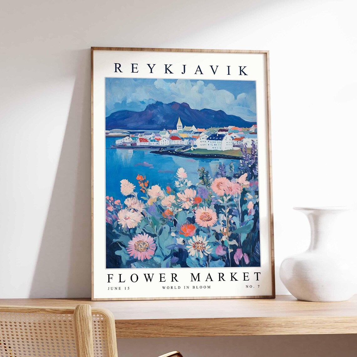 Reykjavik Harbor Sunset Pink Blossoms City View Travel Poster