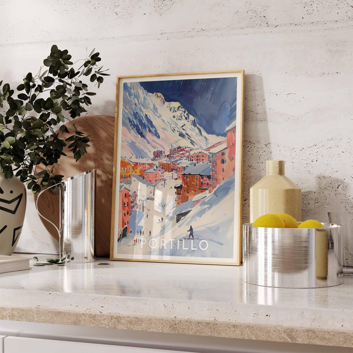 Portillo Chile Bold Graphic Orange Village Ski Resort Scene Poster - Image 2